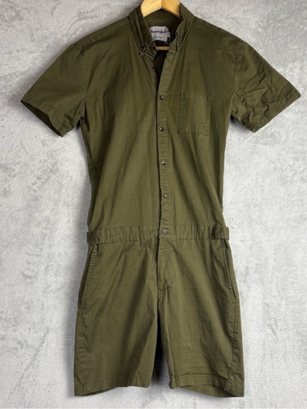 RomperJack Mens Short Sleeve Romper Olive Green Utility Button Front Size S